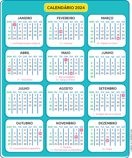 IMAGEM: um calendário do ano de 2024. o mês de fevereiro terá 29 dias nesse ano. FIM DA IMAGEM.