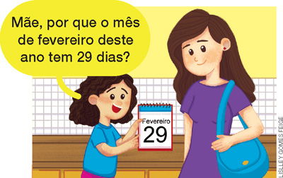 IMAGEM: uma menina mostra um calendário para uma mulher e pergunta: mãe, porque o mês de fevereiro deste ano tem 29 dias?. FIM DA IMAGEM.