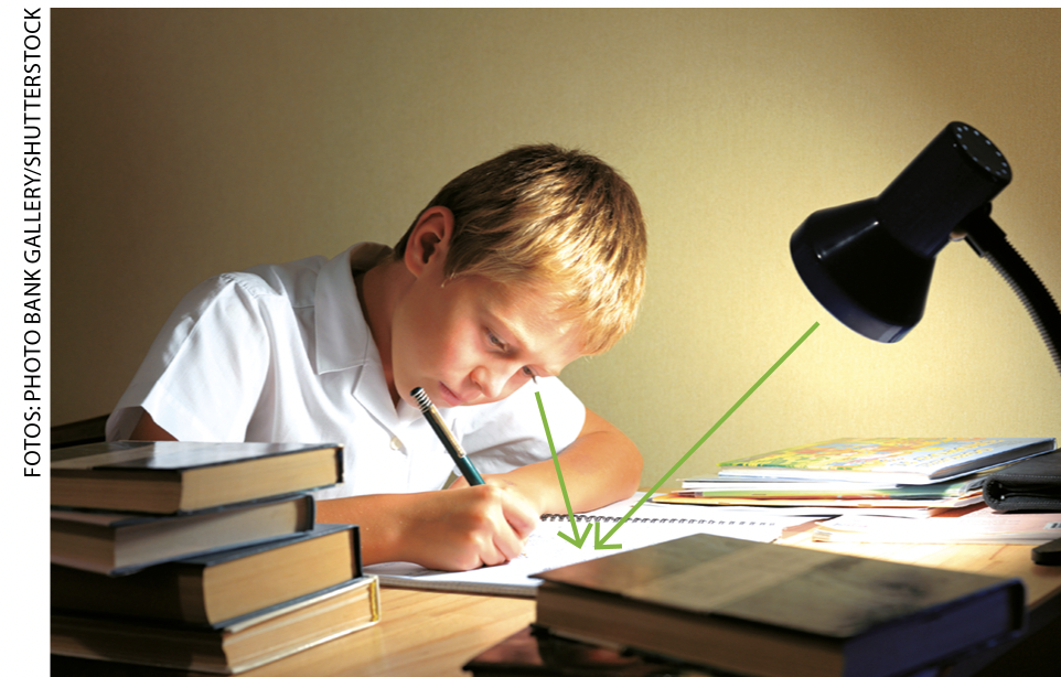 IMAGEM: um menino está escrevendo em um caderno, sob a luz de uma luminária. uma seta parte dos olhos do menino, e outra, da luminária acesa, ambas apontando para o caderno. FIM DA IMAGEM.
