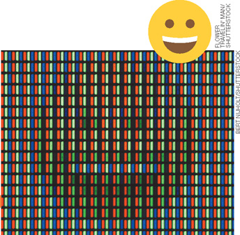 IMAGEM: emoticon sorridente, e um emoticon sorridente ampliado no computador, formado por diversos pontos coloridos. FIM DA IMAGEM.