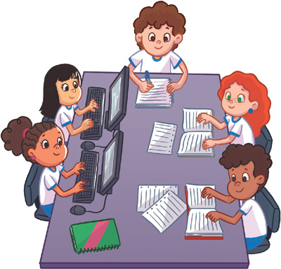IMAGEM: cinco crianças ilustradas realizam um trabalho escolar em uma mesa. duas meninas fazem pesquisas em computadores. um menino e uma menina buscam informações em livros. outro menino anota em um caderno as informações coletadas. FIM DA IMAGEM.