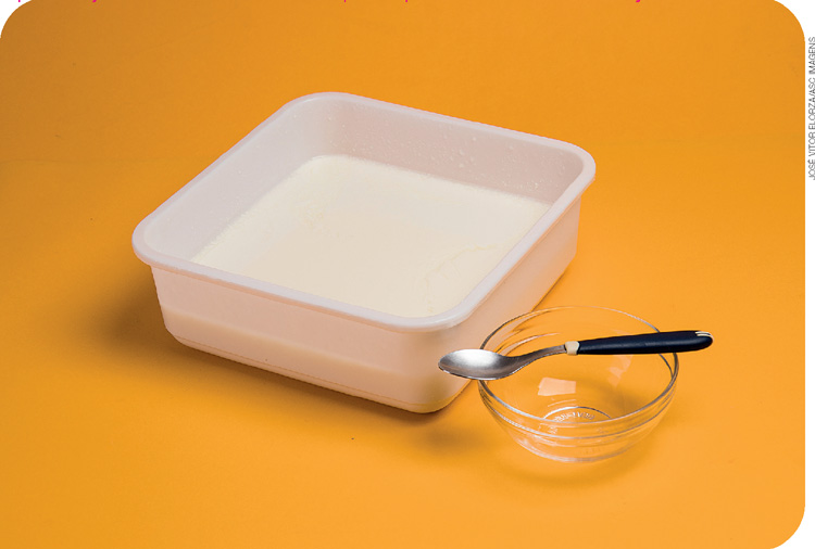 IMAGEM: recipiente de plástico com leite e, ao lado uma pequena tigela de vidro com uma colher de sobremesa posicionada sobre ela. FIM DA IMAGEM.