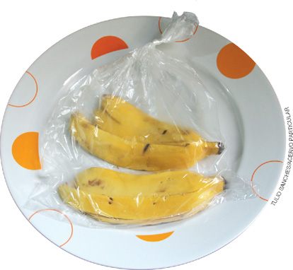 IMAGEM: duas cascas de bananas dentro de um saco plástico transparente sobre um prato. FIM DA IMAGEM.