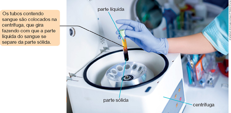 IMAGEM: em um laboratório, uma pessoa com luvas está retirando um tubo de ensaio contendo sangue humano dentro de uma centrífuga onde se nota a separação da parte sólida do sangue na parte de baixo do tubo e, a parte líquida em cima deste. FIM DA IMAGEM.