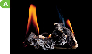 IMAGEM: em a, está um papel queimado e algumas chamas. FIM DA IMAGEM.