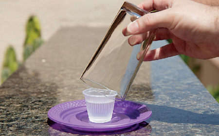 IMAGEM: um pequeno copo plástico com água esta sobre um prato plástico e, posteriormente se observa uma pessoa segurando um copo de vidro em direção ao copo plástico. FIM DA IMAGEM.