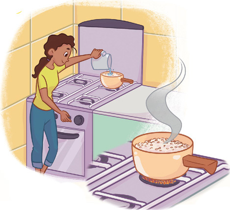 IMAGEM: a mãe de murilo está despejando água em uma panela de arroz que está sobre o fogão. FIM DA IMAGEM.