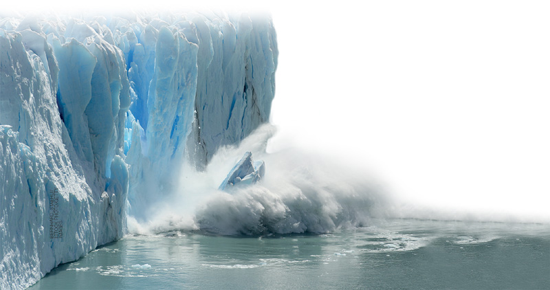 IMAGEM: iceberg do qual pedaços de gelo caem na água. FIM DA IMAGEM.