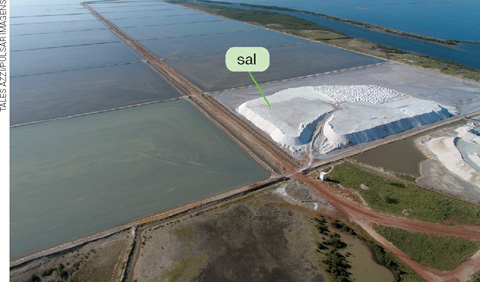 IMAGEM: vista aérea de uma grande salina que possui vários tanques de água, e uma grande montanha de sal. FIM DA IMAGEM.