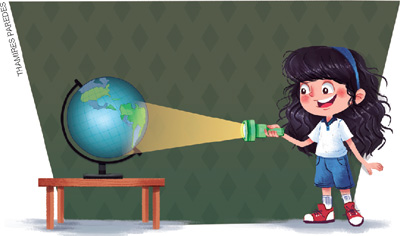 IMAGEM: menina usando uma lanterna para iluminar o lado direito do globo terrestre que está sobre uma mesa pequena de madeira. FIM DA IMAGEM.