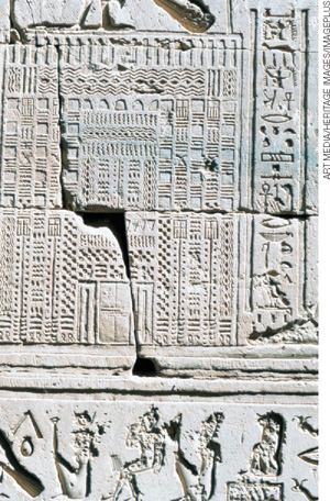 IMAGEM: calendário egípcio onde se observa vários desenhos feitos em uma pedra, e entre eles, uma grande rachadura. FIM DA IMAGEM.