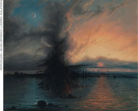 IMAGEM: pintura de samuel colman que retrata um pôr do sol. no lado esquerdo a lua aparece em meio ao céu coberto por nuvens escuras. no lado direito, o sol se põe refletindo nas águas do mar. FIM DA IMAGEM.