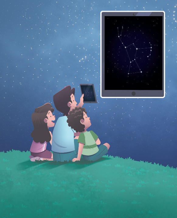 IMAGEM: Homem adulto e duas crianças sentados sobre a grama, observando o céu. O homem está segurando um tablet, e, projetada na tela do aparelho, há a fotografia de uma constelação. FIM DA IMAGEM.