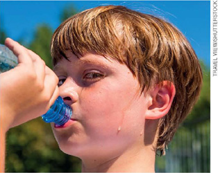 IMAGEM: criança bebe água de uma garrafinha, seu rosto e cabelos estão suados. FIM DA IMAGEM.