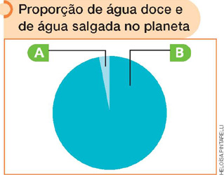 IMAGEM: gráfico em formato de pizza da proporção de água doce e salgada no planeta. a letra a indica uma pequena faixa no gráfico, enquanto a letra b, indica a maior parte. FIM DA IMAGEM.
