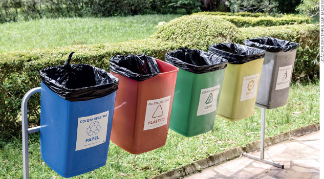 IMAGEM: cinco lixeiras utilizadas para a coleta de lixo. a azul serve para descartar papel, a vermelha para materiais plásticos, a verde para vidro, a amarela para metal e a cinza para materiais não recicláveis. FIM DA IMAGEM.