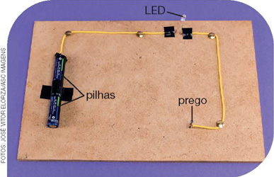 IMAGEM: circuito elétrico montado sobre um suporte de madeira. há duas pilhas ligadas por fita isolante do lado esquerdo, em que foi conectado um fio que se liga a uma lâmpada e um prego. FIM DA IMAGEM.