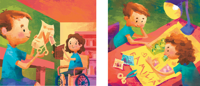 IMAGEM: na sala de aula, uma menina em uma cadeira de rodas pesquisa imagens em um livro e um menino recorta outra imagem com a tesoura. logo em seguida o menino e a menina colam as imagens em um cartaz. FIM DA IMAGEM.