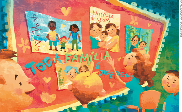 IMAGEM: quatro crianças na sala de aula estão diante de um mural cheio de cartazes sobre família. no mural aparecem escritas as frases: família é bom e toda família é diferente. FIM DA IMAGEM.