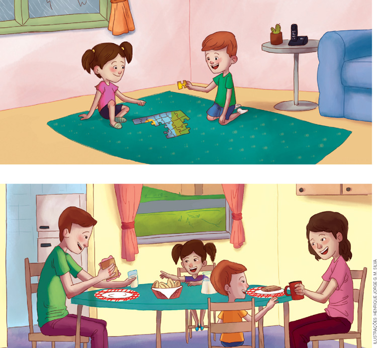 IMAGEM: um menino e uma menina estão montando um quebra-cabeça no chão da sala de casa. um sofá, um tapete, e uma mesinha com vaso e telefone compõem a mobília. logo em seguida o menino e a menina comem na mesa da cozinha com o pai e a mãe. eles sorriem e conversam. FIM DA IMAGEM.