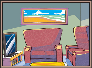 IMAGEM: uma sala de estar com dois sofás, tapete, um quadro na parede e uma televisão em cima de um móvel. FIM DA IMAGEM.