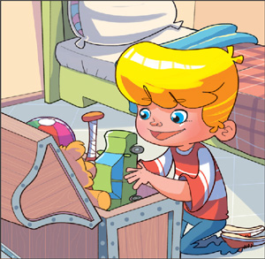IMAGEM: um menino guarda brinquedos dentro de um baú no quarto. FIM DA IMAGEM.