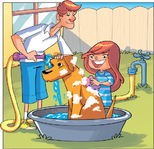 IMAGEM: uma menina e seu pai estão no quintal, dando banho em um cachorro com uma mangueira e uma bacia. FIM DA IMAGEM.