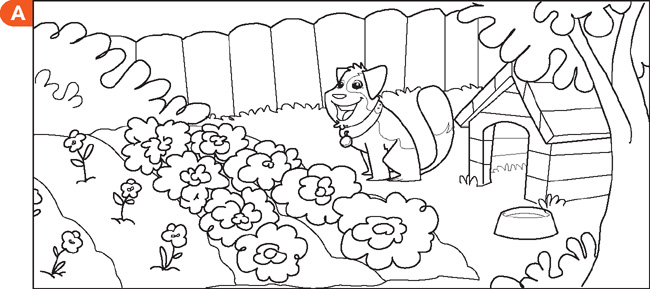 IMAGEM: a. quintal bem cuidado, com flores e verduras na horta, uma cerca de madeira, uma árvore e um cachorro feliz ao lado de sua casinha de madeira. FIM DA IMAGEM.