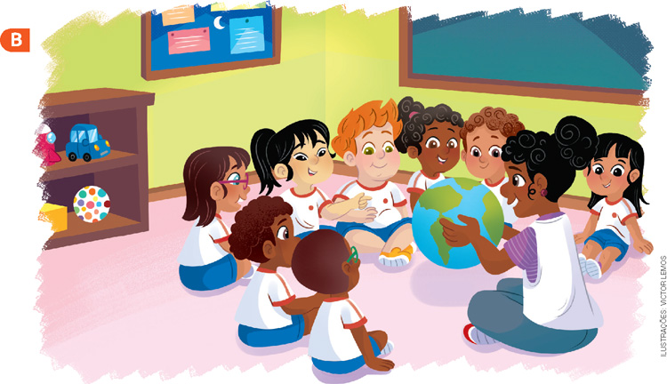 IMAGEM: b. oito crianças com uniformes estão sentadas no chão de uma sala de aula observando a professora, que segura um globo terrestre. FIM DA IMAGEM.