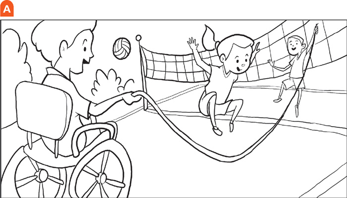IMAGEM: a. ilustração para colorir mostra crianças brincando de pular corda em uma quadra. um deles, em uma cadeira de rodas, segura a corda em uma ponta e outro salta segurando a outra ponta. uma menina pula no centro. atrás deles há uma rede de vôlei e uma bola de vôlei. FIM DA IMAGEM.