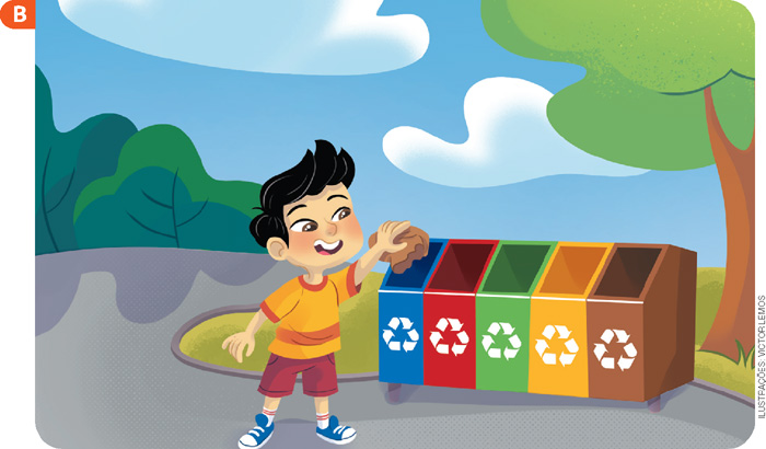 IMAGEM: b. o menino joga um saco de papel em uma lixeira de reciclagem em uma praça. as outras lixeiras da coleta seletiva estão ao lado. FIM DA IMAGEM.