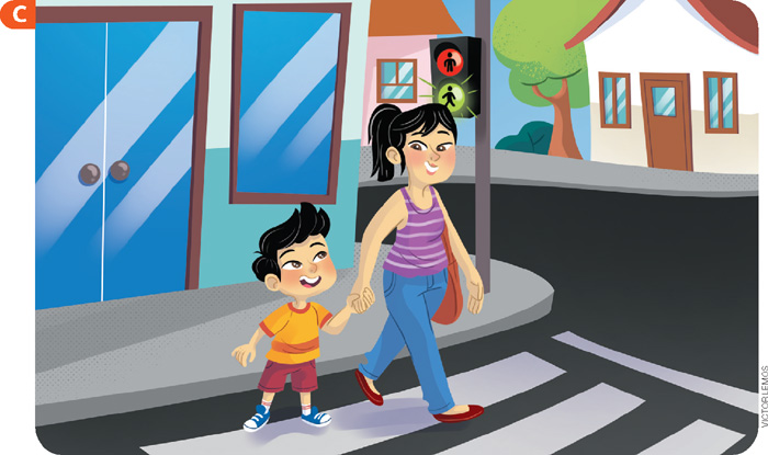 IMAGEM: c. um menino atravessa uma rua na faixa de pedestres de mãos dadas com sua mãe. FIM DA IMAGEM.