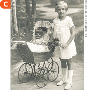 IMAGEM: c. fotografia em preto e branco, tirada em 1930, mostrando uma menina carregando uma boneca em um carrinho com babados. FIM DA IMAGEM.