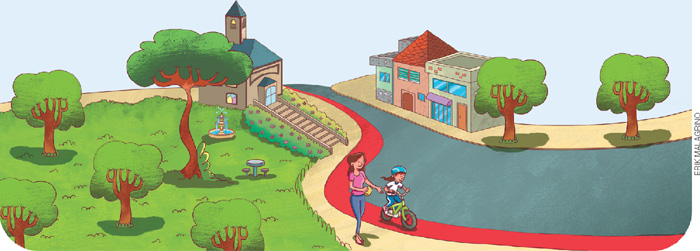 IMAGEM: uma menina anda de bicicleta em uma rua, ao lado de sua mãe. a rua é cercada por árvores e tem lojas, casas, um museu e uma praça com um chafariz no meio. FIM DA IMAGEM.