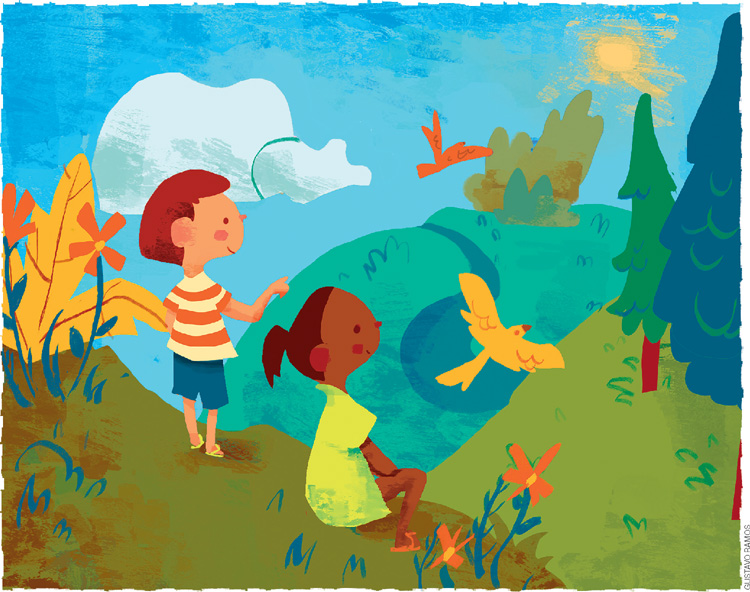 IMAGEM: duas crianças observam a paisagem de um morro cheio de flores, árvores e pássaros voando. o tempo está ensolarado com céu azul e poucas nuvens. FIM DA IMAGEM.
