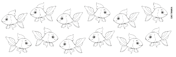 IMAGEM: peixes para colorir. sete peixes estão nadando para a esquerda e cinco para a direita. peça ajuda ao seu professor. FIM DA IMAGEM.