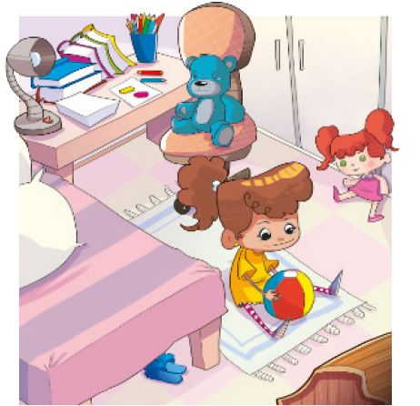 IMAGEM: uma menina brinca no chão do quarto, que tem: uma cama, um armário, uma cadeira e uma mesa com livros, lápis e uma luminária. um urso de pelúcia está em cima da cadeira. um par de chinelos está embaixo da cama. a menina brinca com uma bola no chão do quarto. uma boneca está encostada no armário. FIM DA IMAGEM.