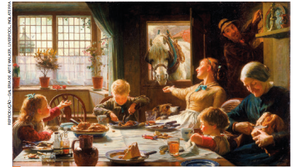 IMAGEM: uma pintura mostra uma família fazendo uma refeição em uma mesa. ela é formada por pai, mãe, avó e três crianças. a mãe está dando comida para um cavalo parado na porta. o pai está de pé. a avó está cortando um pedaço de pão, e uma das crianças corta um alimento no prato. FIM DA IMAGEM.