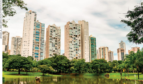 IMAGEM: cidade de Goiânia que mostra um parque com um lago cercado por árvores e gramado. ao fundo, há vários prédios altos. FIM DA IMAGEM.