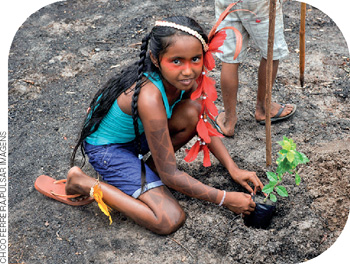 IMAGEM: uma menina indígena está plantando uma muda de árvore. ela tem cabelo comprido com tranças, pinturas nos braços, nas pernas e no rosto. ela usa um enfeite para o cabelo com várias penas vermelhas. FIM DA IMAGEM.