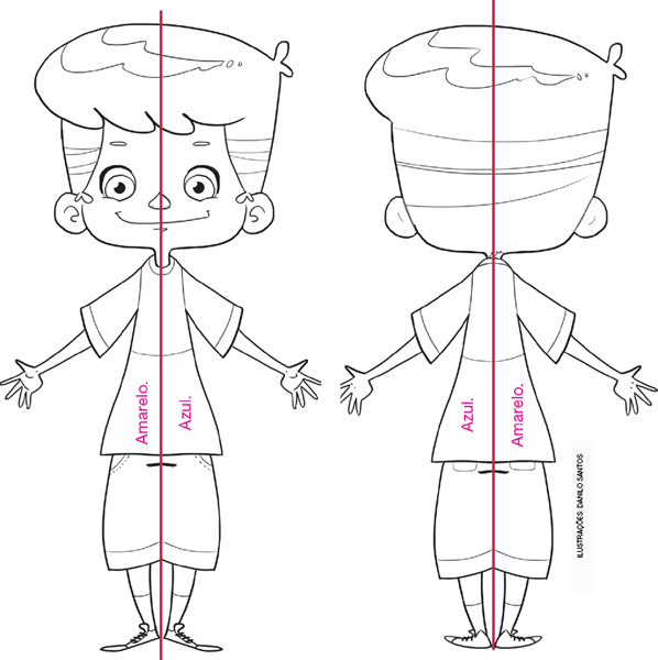 IMAGEM: ilustração para colorir que mostra um menino de frente com os braços abertos e uma linha que divide seu corpo em duas partes na vertical. FIM DA IMAGEM.