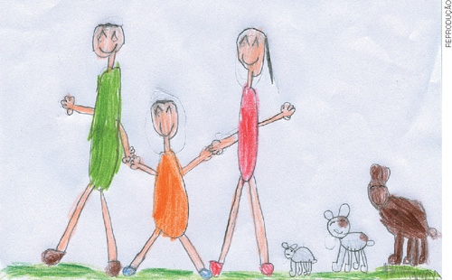 IMAGEM: desenho infantil que mostra o pai, a mãe, uma criança e três animais de estimação. FIM DA IMAGEM.