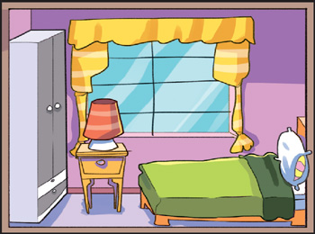 IMAGEM: um quarto com cama feita, armário, mesa de cabeceira com abajur e janela com cortina. FIM DA IMAGEM.