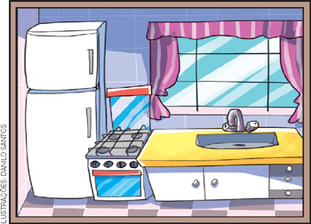 IMAGEM: uma cozinha com geladeira, fogão, pia com armário e janela com cortina. FIM DA IMAGEM.
