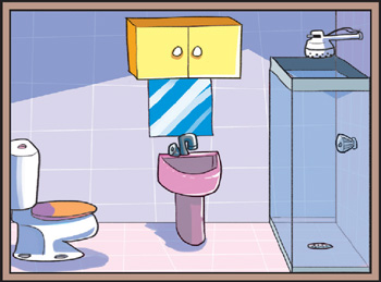IMAGEM: um banheiro com vaso, pia, espelho, armário e box com chuveiro. FIM DA IMAGEM.