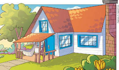 IMAGEM: uma casa de dois andares com chaminé e uma rede pendurada na varanda. a casa está em um local com gramado, flores e árvores. FIM DA IMAGEM.