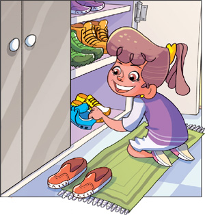 IMAGEM: uma menina organiza os sapatos nas prateleiras do armário. FIM DA IMAGEM.