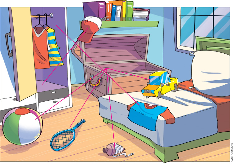 IMAGEM: a ilustração mostra um quarto de criança bagunçado, com alguns objetos fora do lugar. a porta do guarda-roupa e um baú de brinquedos estão abertos. um boné pendurado na estante deve ir para dentro do armário, assim como uma camiseta jogada em cima da cama. no baú de brinquedo devem ir: uma bola, uma raquete e um pião que estão no chão, e um carrinho que está em cima da cama. professor: um boné pendurado na estante deve ir para dentro do armário, assim como uma camiseta jogada em cima da cama. no baú de brinquedo devem ir: uma bola, uma raquete e um pião que estão no chão, e um carrinho que está em cima da cama. FIM DA IMAGEM.