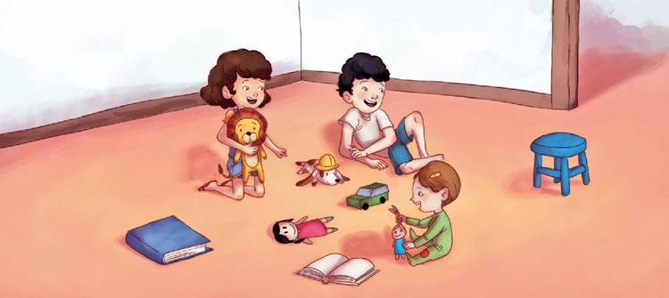 IMAGEM: carla está rindo e brincando no chão junto de um menino maior e um bebê. entre eles há um banquinho, alguns livros, duas bonecas, um carrinho e um cachorro de pelúcia. carla está segurando um leão de brinquedo. FIM DA IMAGEM.