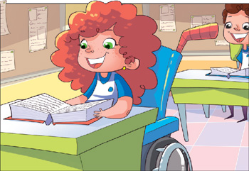 IMAGEM: uma menina em uma cadeira de rodas lê um livro na sala de aula. FIM DA IMAGEM.